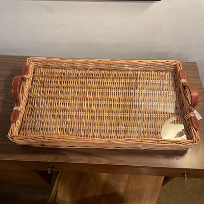 Woven Wicker Tray w/ Leather Handles and Glass Bottom SMALLS