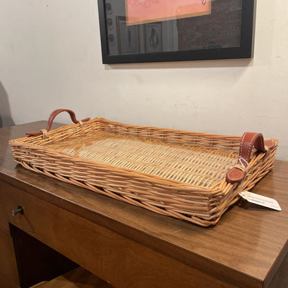 Woven Wicker Tray w/ Leather Handles and Glass Bottom SMALLS
