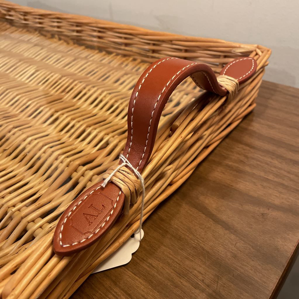 Woven Wicker Tray w/ Leather Handles and Glass Bottom SMALLS