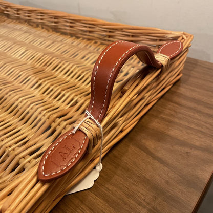 Woven Wicker Tray w/ Leather Handles and Glass Bottom SMALLS