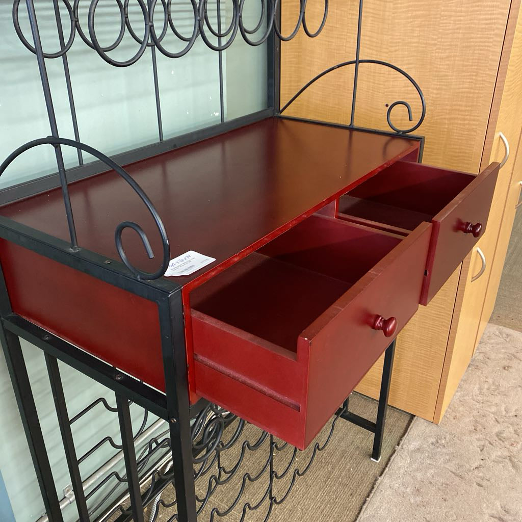 Scrolly Black Metal Red Two Drawer Wine Rack