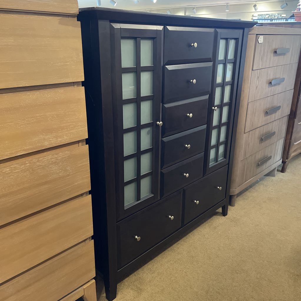 Dark Wood Bureau Dresser w/ Obscured Glass Doors