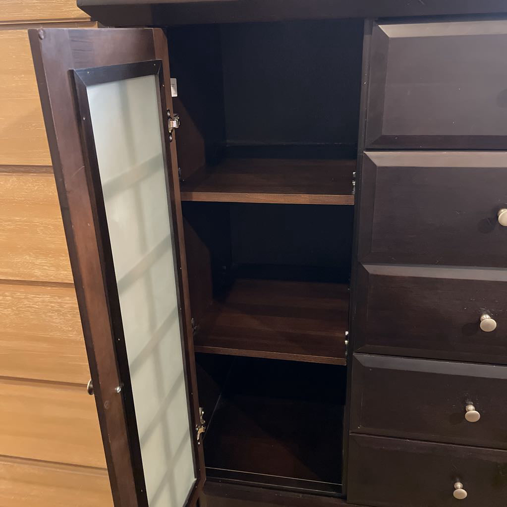 Dark Wood Bureau Dresser w/ Obscured Glass Doors