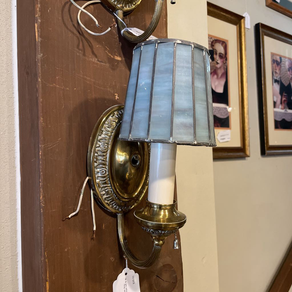 Brass Wall Sconce with Grey Glass Shade & Pull-Chain AS IS