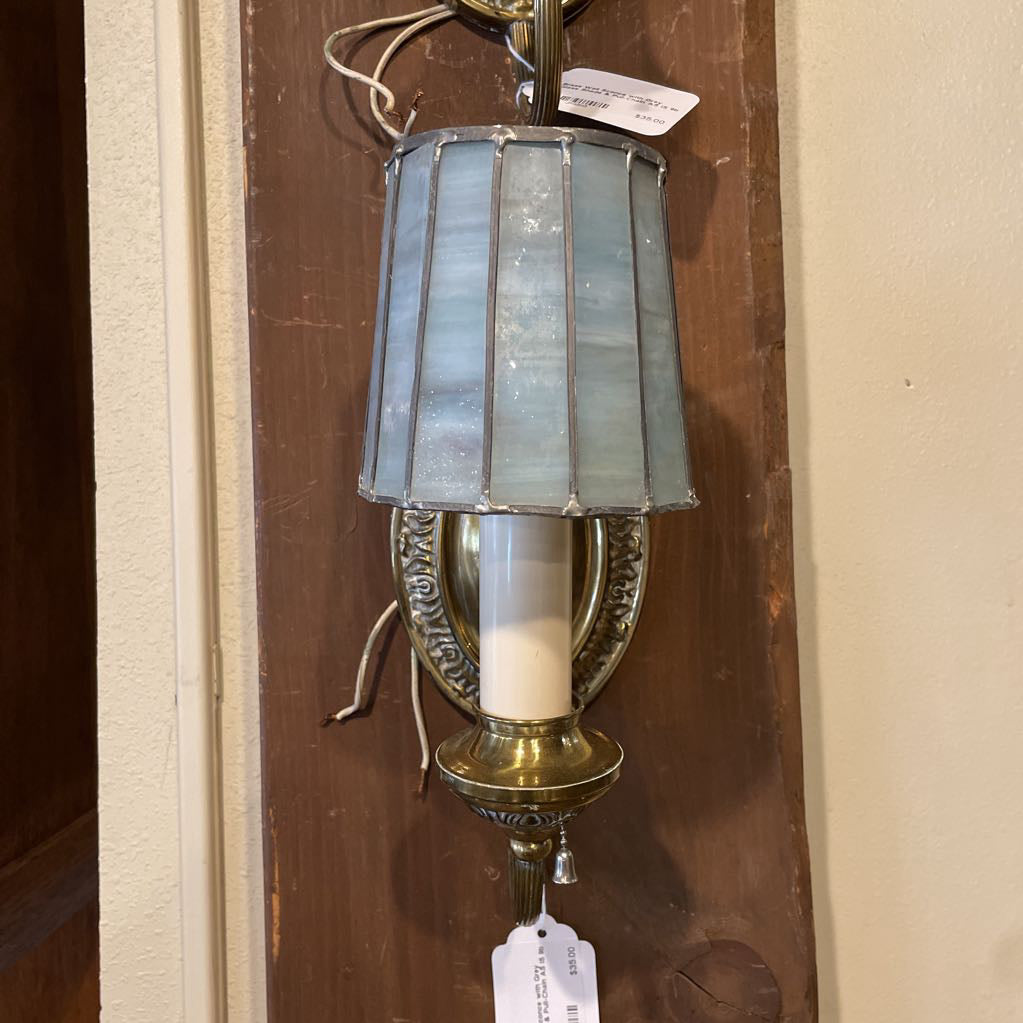 Brass Wall Sconce with Grey Glass Shade & Pull-Chain AS IS