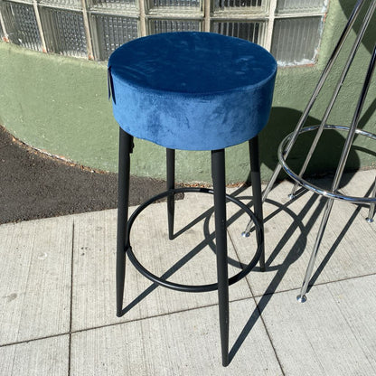 Dark Metal Blue Velvet Barstool