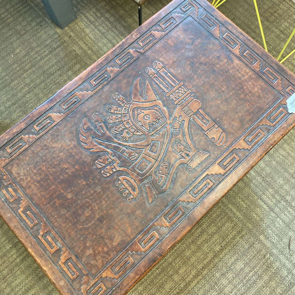Embossed Tribal Leather Top Side Table (AS IS)