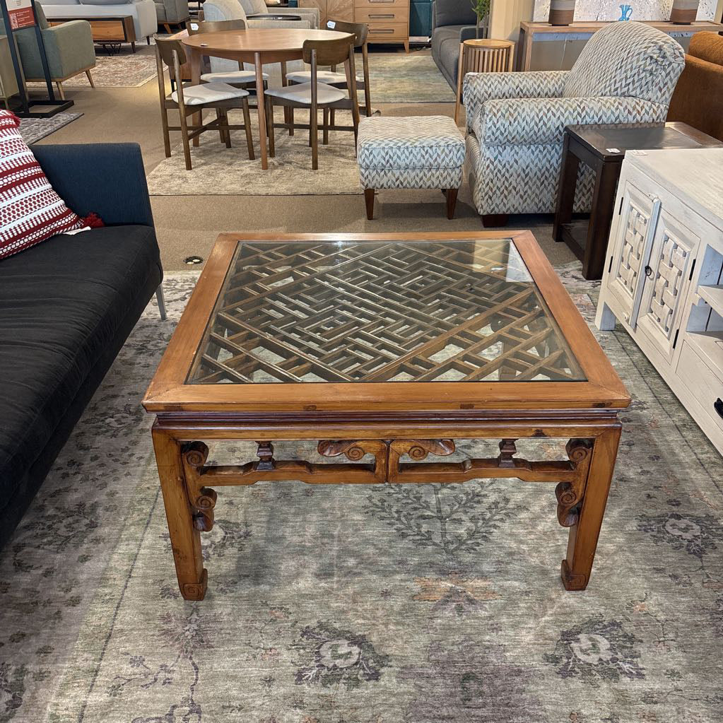 Glass Top Hand Carved Solid Wood Coffee Table