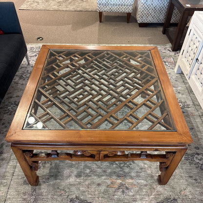 Glass Top Hand Carved Solid Wood Coffee Table