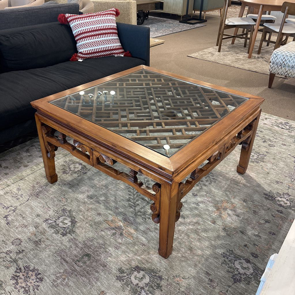 Glass Top Hand Carved Solid Wood Coffee Table