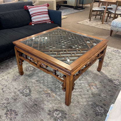 Glass Top Hand Carved Solid Wood Coffee Table