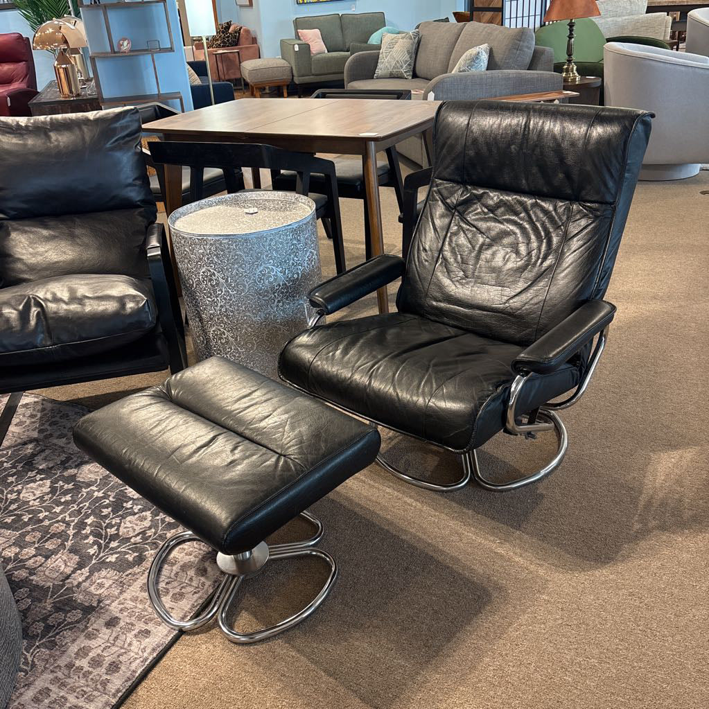 Danish Genuine Black Leather Recliner w/Ottoman