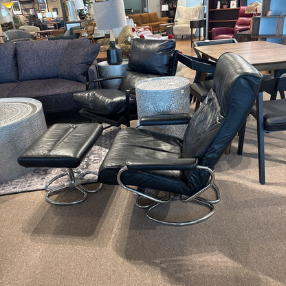 Danish Genuine Black Leather Recliner w/Ottoman