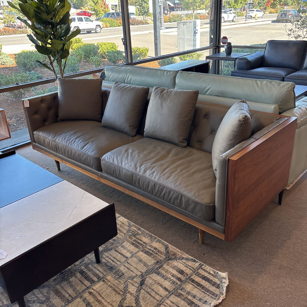 Wood Wrapped Grey Leather Kardiel Woodrow Sofa