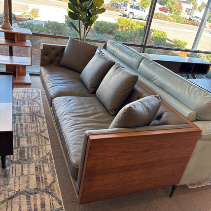 Wood Wrapped Grey Leather Kardiel Woodrow Sofa