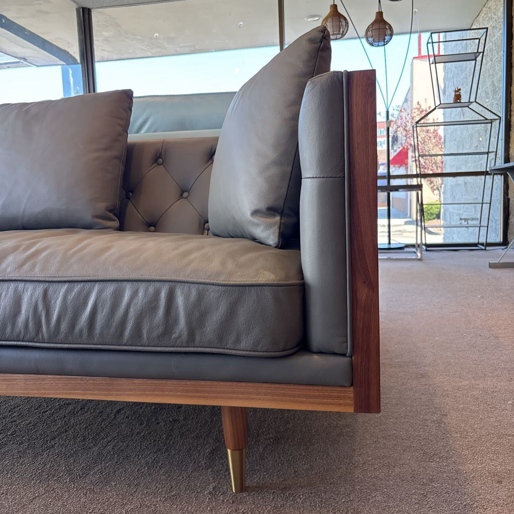 Wood Wrapped Grey Leather Kardiel Woodrow Sofa