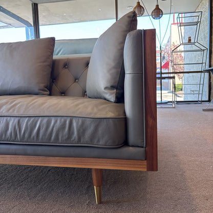 Wood Wrapped Grey Leather Kardiel Woodrow Sofa