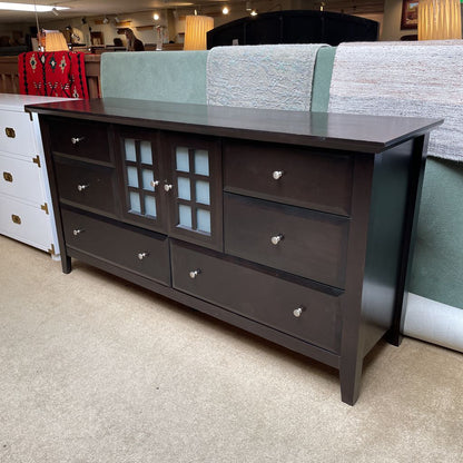 Dark Wood Lowboy Dresser w/ Obscured Glass Doors & 6 Drawers