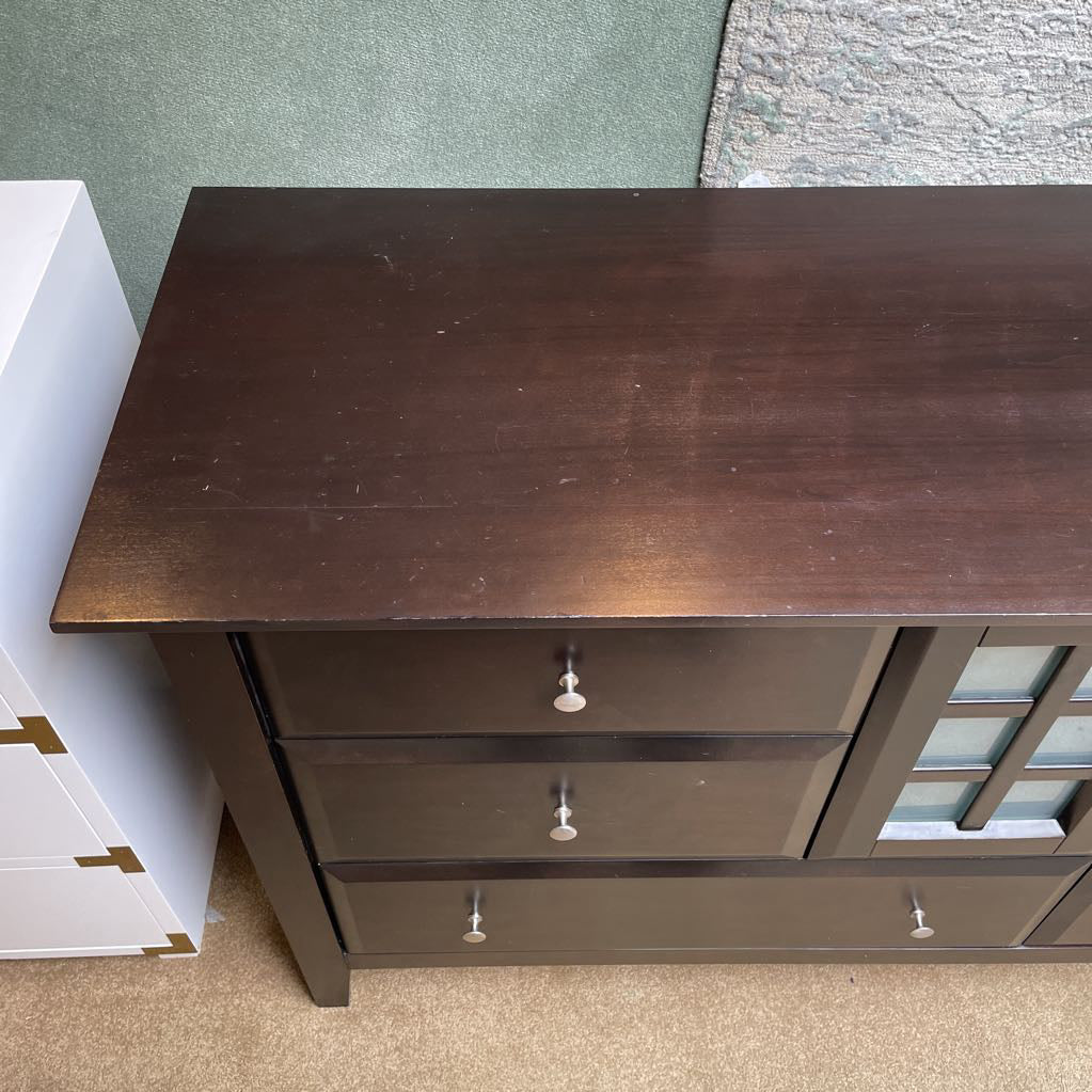 Dark Wood Lowboy Dresser w/ Obscured Glass Doors & 6 Drawers