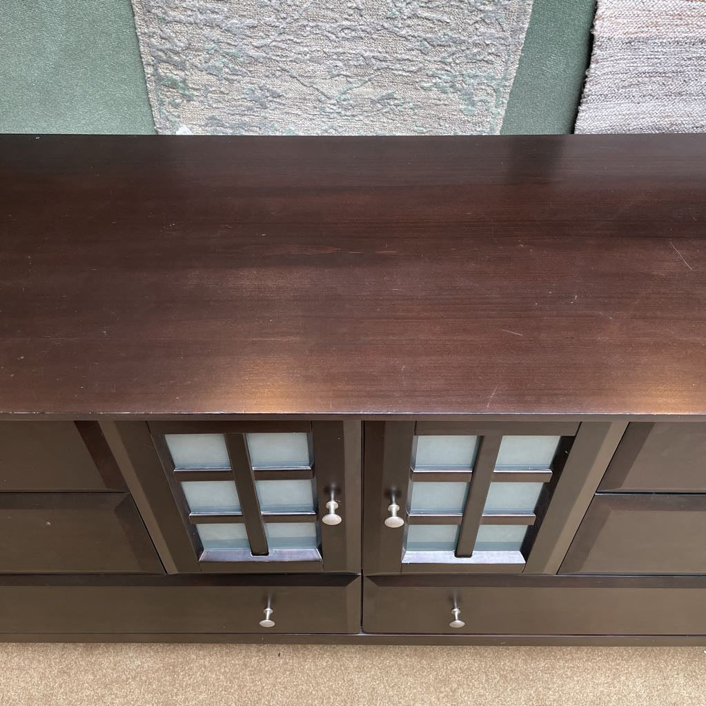 Dark Wood Lowboy Dresser w/ Obscured Glass Doors & 6 Drawers