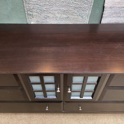 Dark Wood Lowboy Dresser w/ Obscured Glass Doors & 6 Drawers