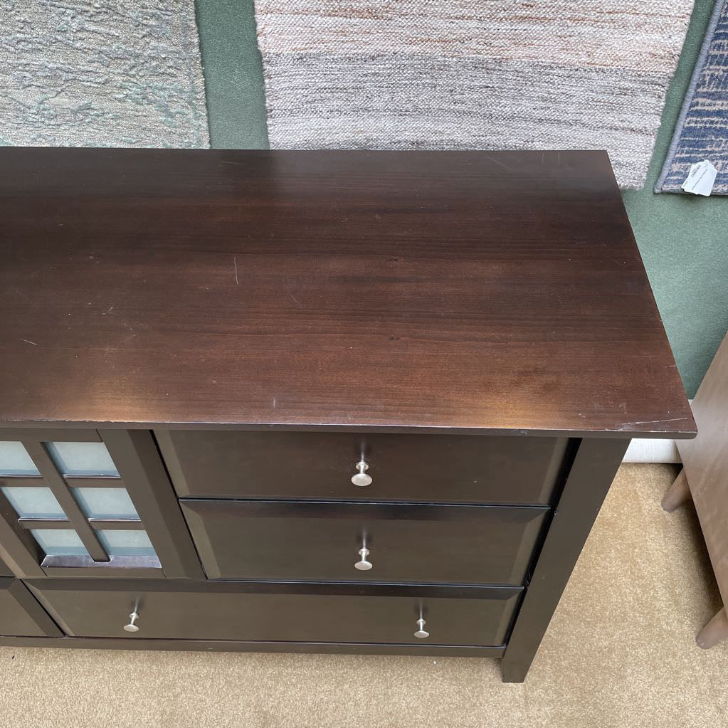Dark Wood Lowboy Dresser w/ Obscured Glass Doors & 6 Drawers