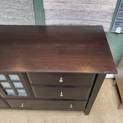 Dark Wood Lowboy Dresser w/ Obscured Glass Doors & 6 Drawers