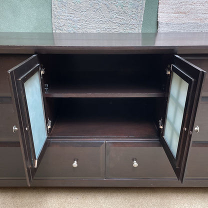 Dark Wood Lowboy Dresser w/ Obscured Glass Doors & 6 Drawers