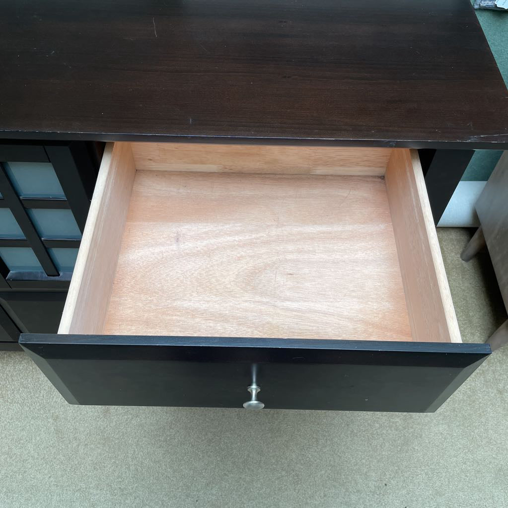 Dark Wood Lowboy Dresser w/ Obscured Glass Doors & 6 Drawers