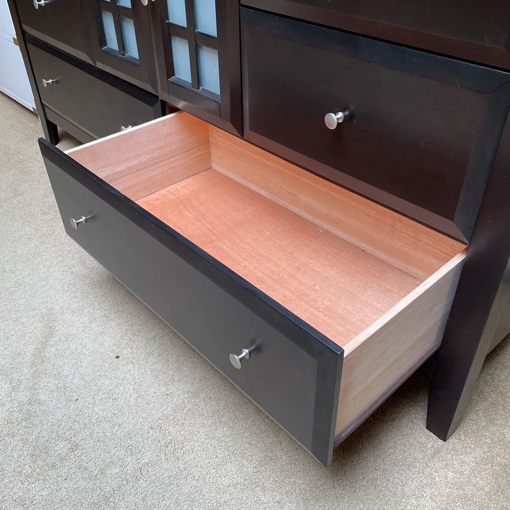 Dark Wood Lowboy Dresser w/ Obscured Glass Doors & 6 Drawers