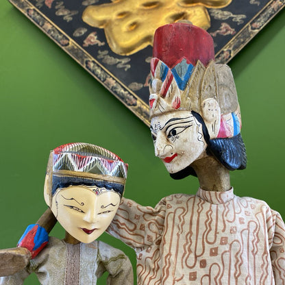 PAIR Vintage Indonesian Rod Puppets in Bottle Stands