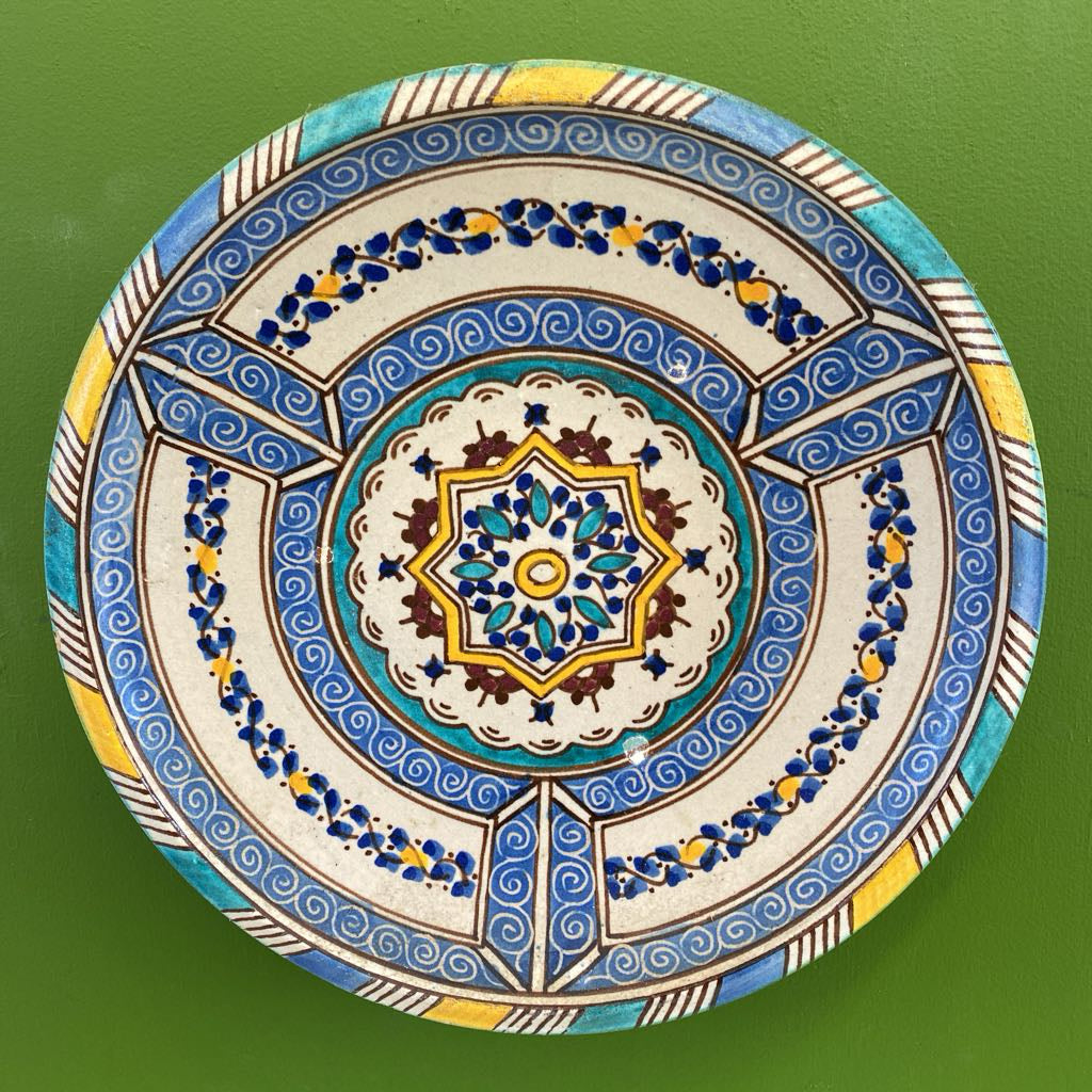 Moroccan Blue Yellow Medallion Pottery Plate Art