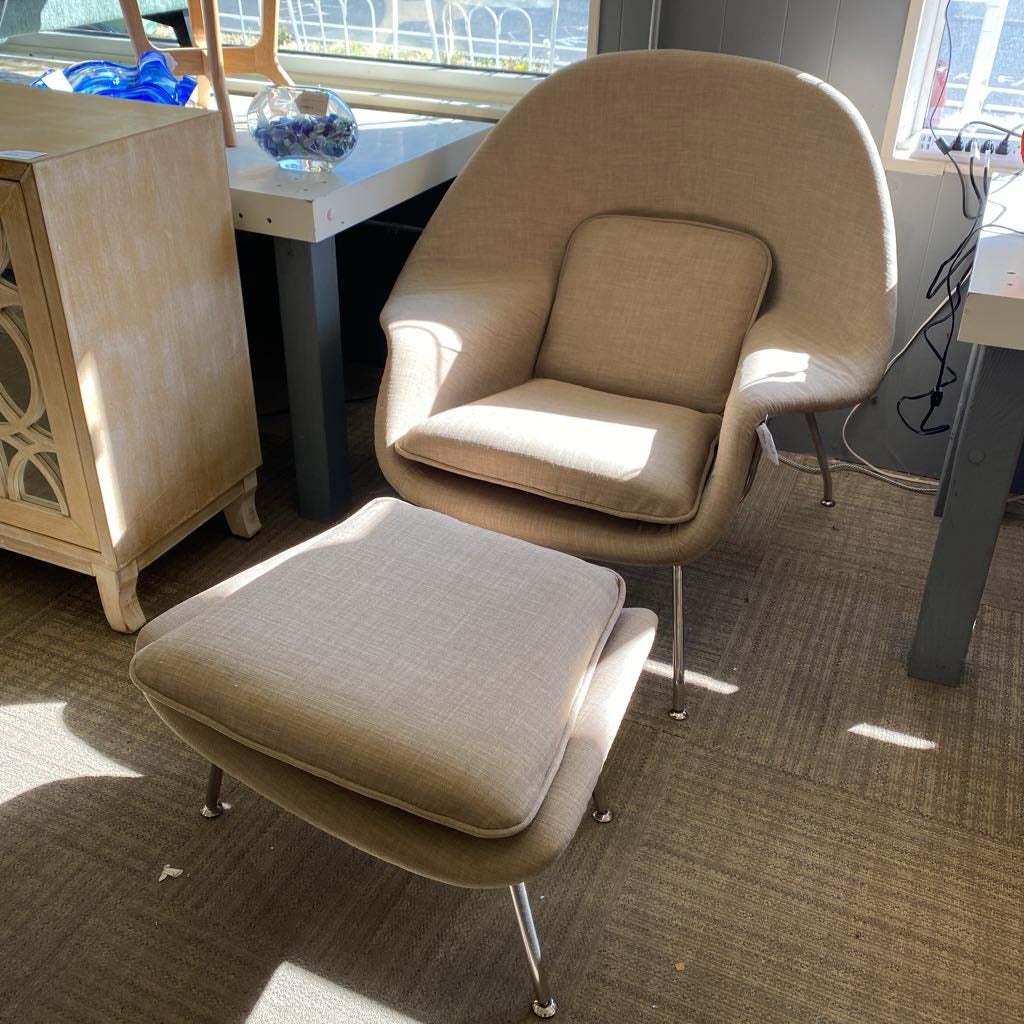 Beige Womb Style Chair & Ottoman (AS IS)