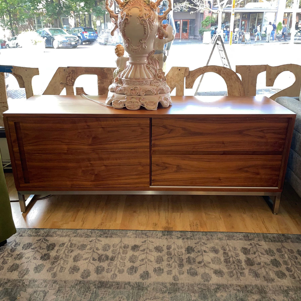 Gus Annex Walnut Contemporary Sliding Door Media Cabinet with Metal Legs