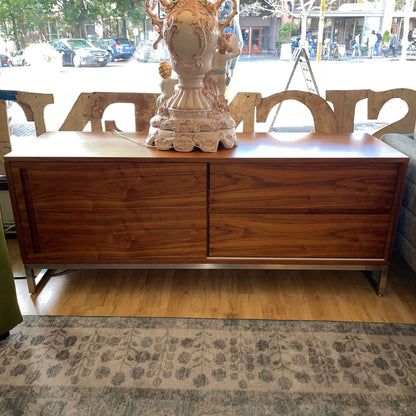 Gus Annex Walnut Contemporary Sliding Door Media Cabinet with Metal Legs