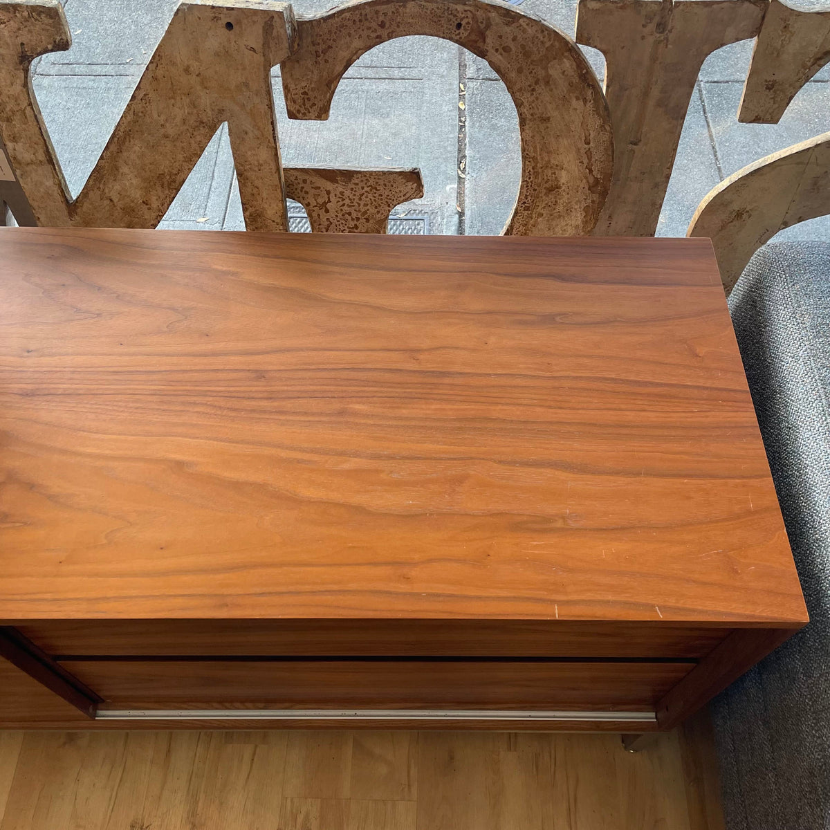 Gus Annex Walnut Contemporary Sliding Door Media Cabinet with Metal Legs