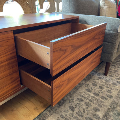 Gus Annex Walnut Contemporary Sliding Door Media Cabinet with Metal Legs
