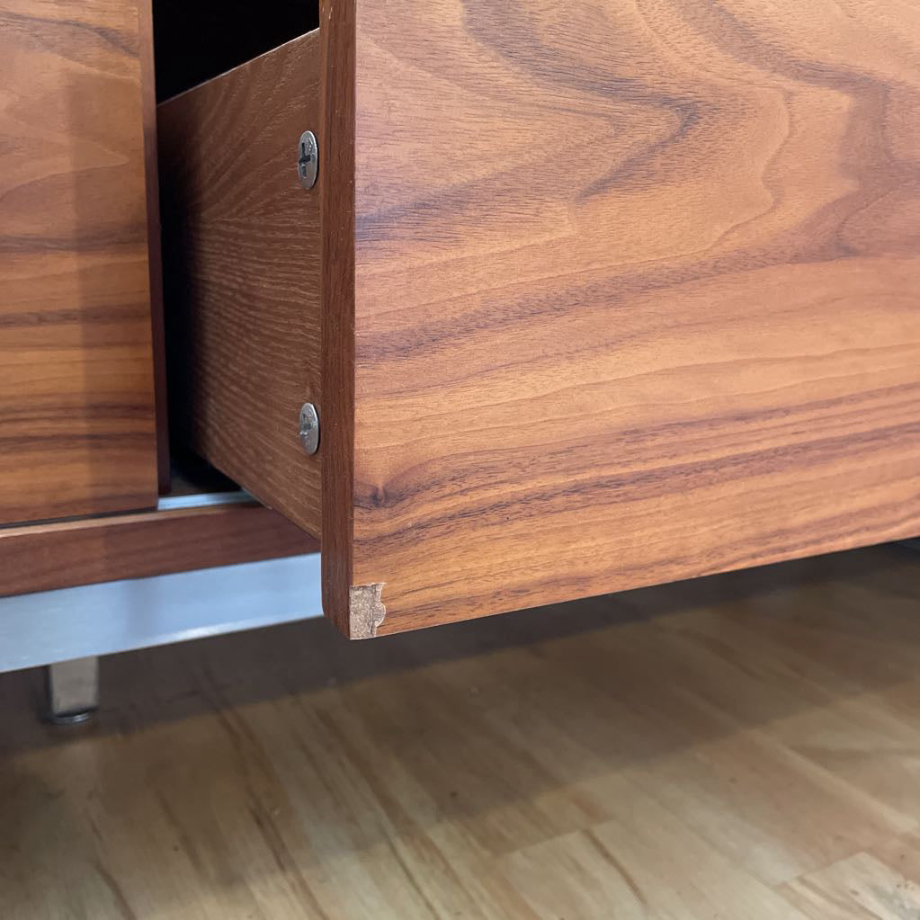 Gus Annex Walnut Contemporary Sliding Door Media Cabinet with Metal Legs