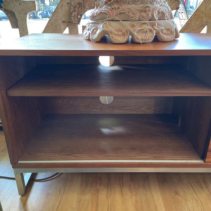Gus Annex Walnut Contemporary Sliding Door Media Cabinet with Metal Legs