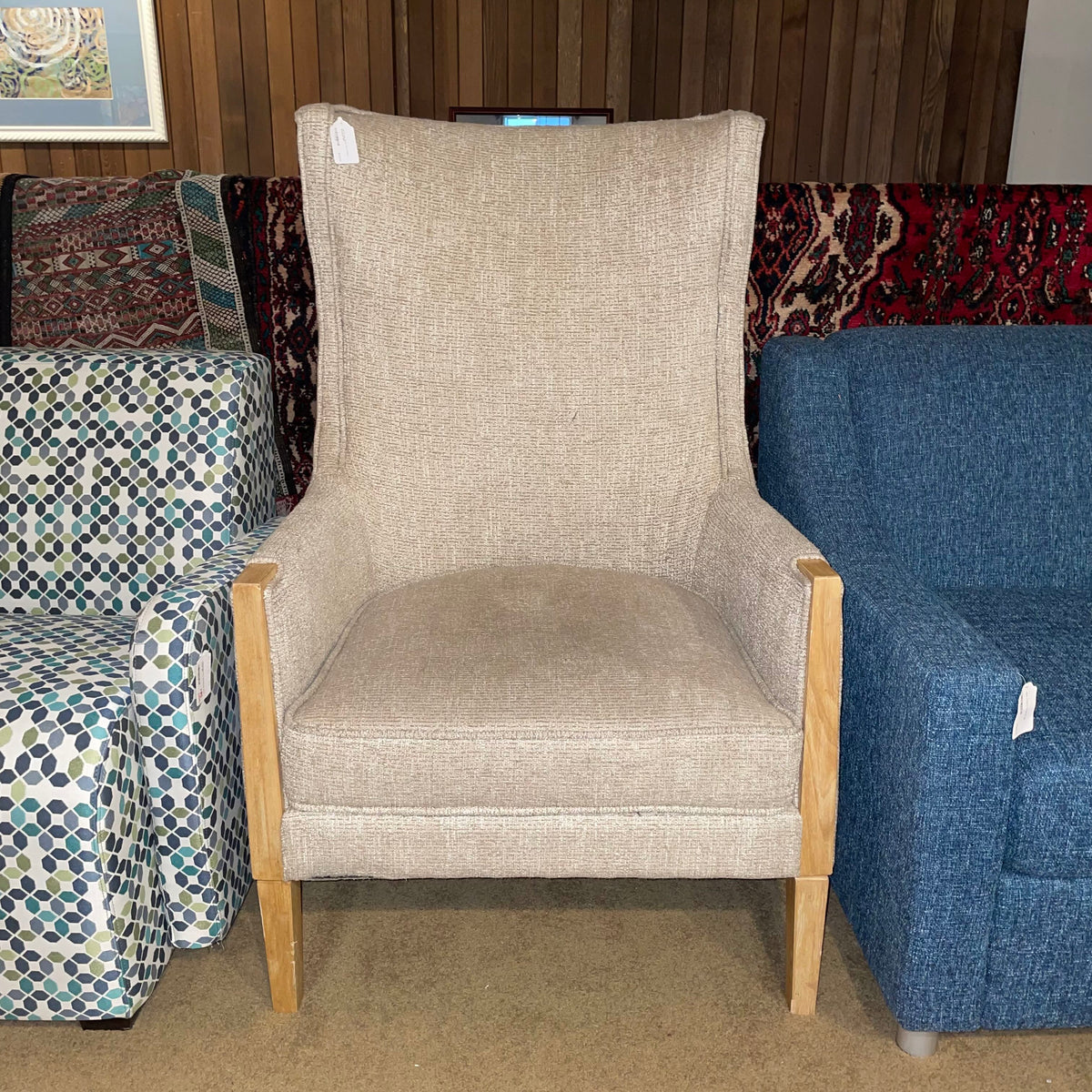 AS IS High Back Tan Tweed Armchair