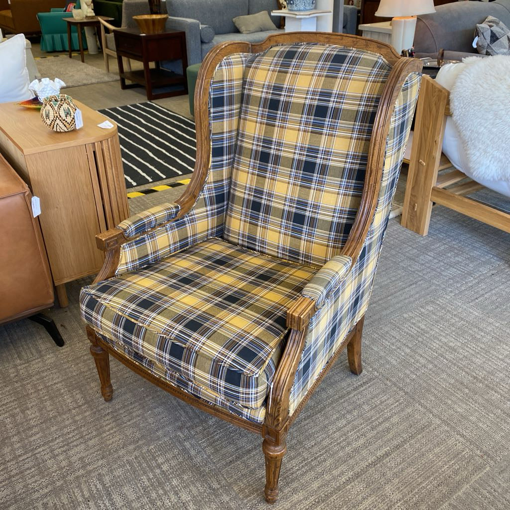 Wood Frame Yellow Plaid Wingback Chair