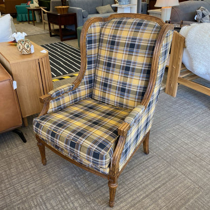 Wood Frame Yellow Plaid Wingback Chair