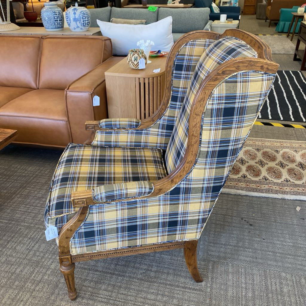 Wood Frame Yellow Plaid Wingback Chair
