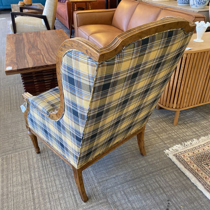 Wood Frame Yellow Plaid Wingback Chair