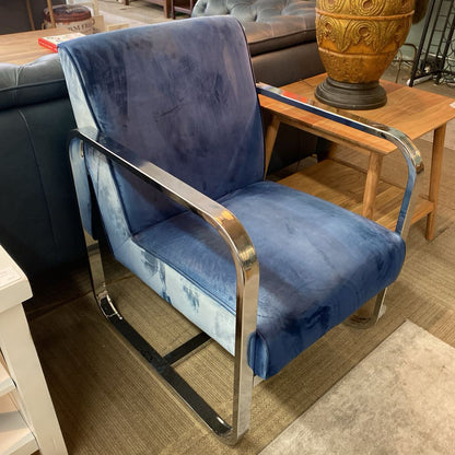 Contemporary Blue Velvet Chrome Frame Armchair (AS IS)