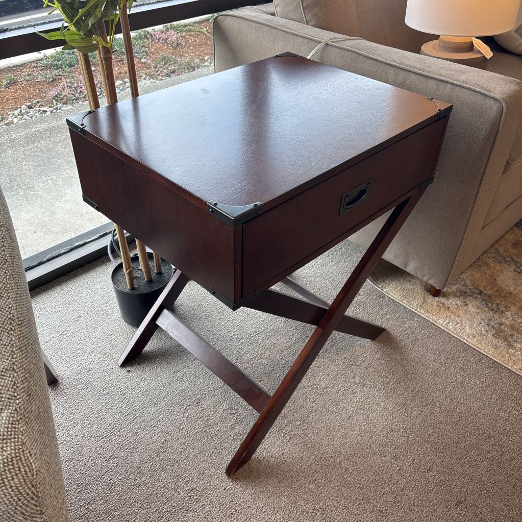 Dark Wood Metal Brackets X-Base Legs 1 Drawer Side Table