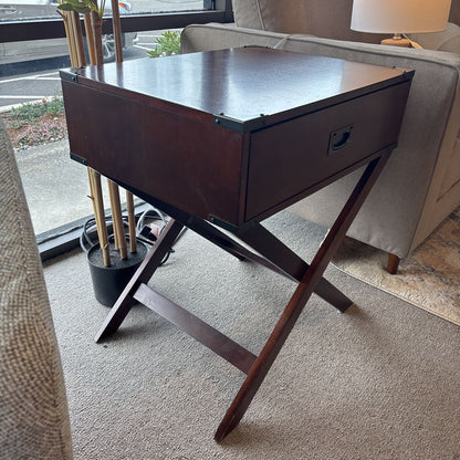 Dark Wood Metal Brackets X-Base Legs 1 Drawer Side Table