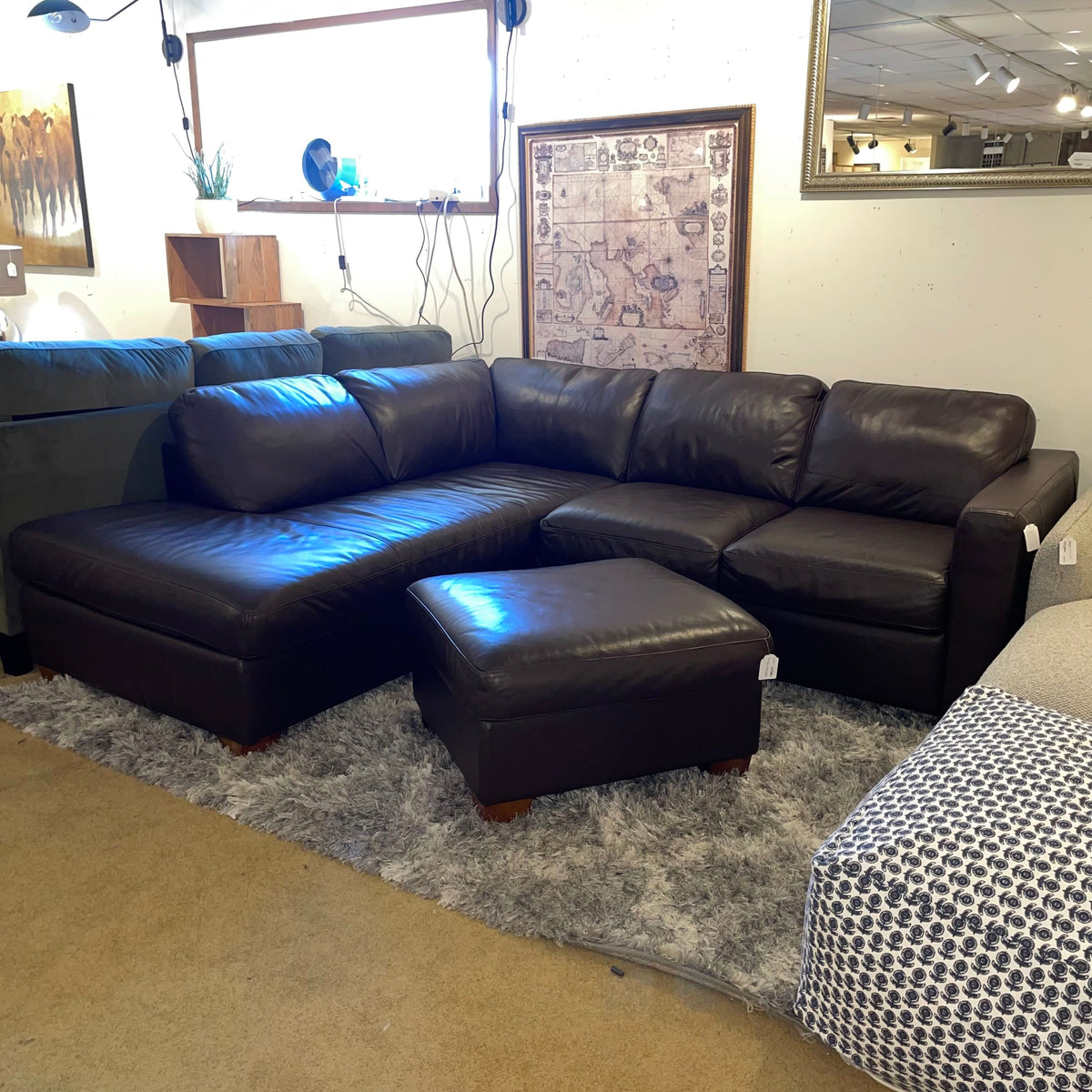 ITALSOFA Brown Leather Terminal Sectional w/ Ottoman U SECTIONALS LAF