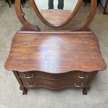 Queen Anne Style Claw Foot Two Drawer Vanity w/ Oval Mirror