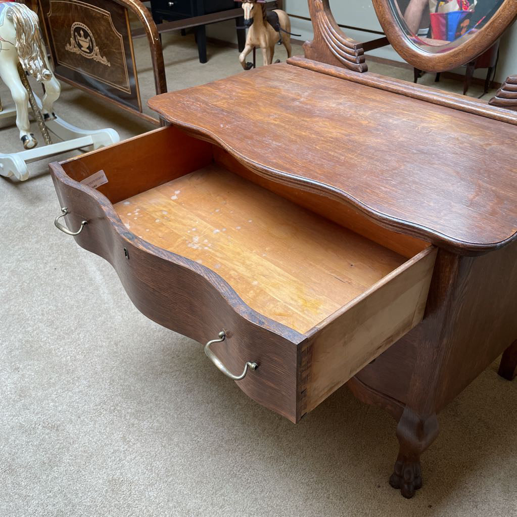 Queen Anne Style Claw Foot Two Drawer Vanity w/ Oval Mirror